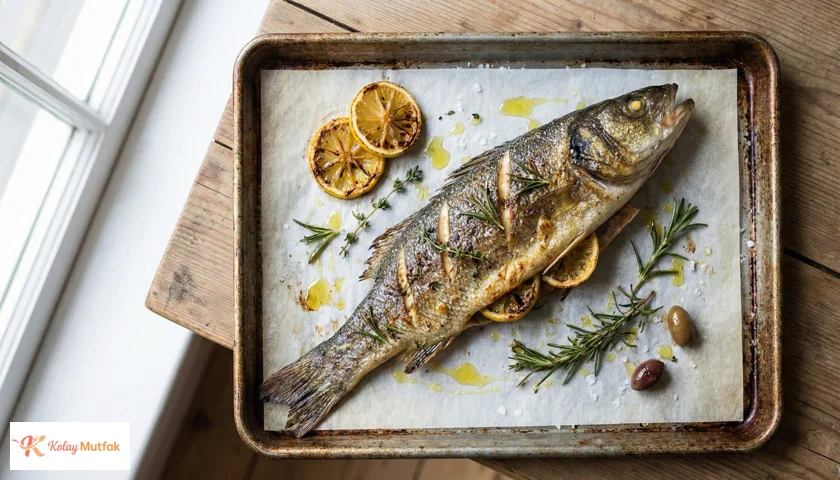 Tepside levrek hazırlığı: limon dilimleri, soğan ve taze otlarla fırına girmeye hazır